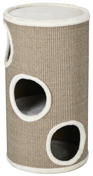 PawHut Tiragraffi a forma di botte, tiragraffi per gatti con 3 cucce, botte gioco per gatti, marrone