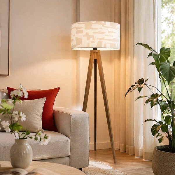 Lampada da terra in legno con paralume a righe beige e bianco 50cm - Tripod Classic