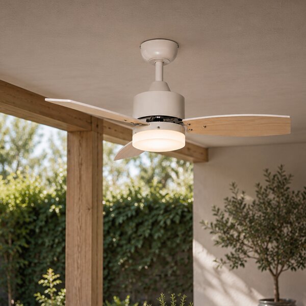 Ventilatore da soffitto per esterni bianco con stampa legno 91,3 cm con LED dimmerabile con telecomando IP44 - Toledo