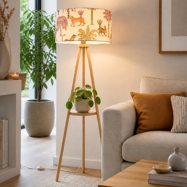 Lampada da terra a treppiede in legno con paralume multicolore con stampa animalier 50cm - Lou
