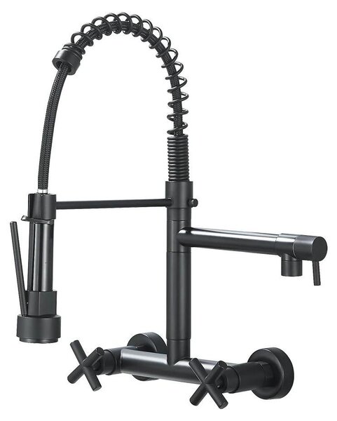 Miscelatore per cucina – Montaggio a parete – Doccetta estraibile – Miscelatore a due maniglie per acqua calda/fredda – Acciaio inossidabile 304 – Bocchetta girevole – Nero