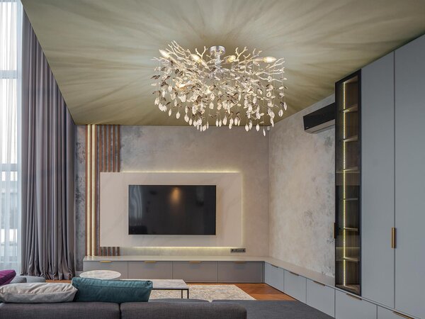 Grande plafoniera LED fantasia argento con cristallo lampada da soggiorno L: 85cm