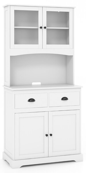 Costway Buffet da cucina da 170cm con mobiletto 4 ante con vetrine in vetro temperato e 3 ripiani regolabili, Credenza autoportante Bianco