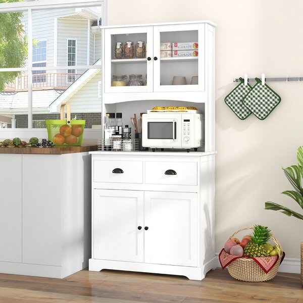 Costway Buffet da cucina da 170cm con mobiletto 4 ante con vetrine in vetro temperato e 3 ripiani regolabili, Credenza autoportante Bianco