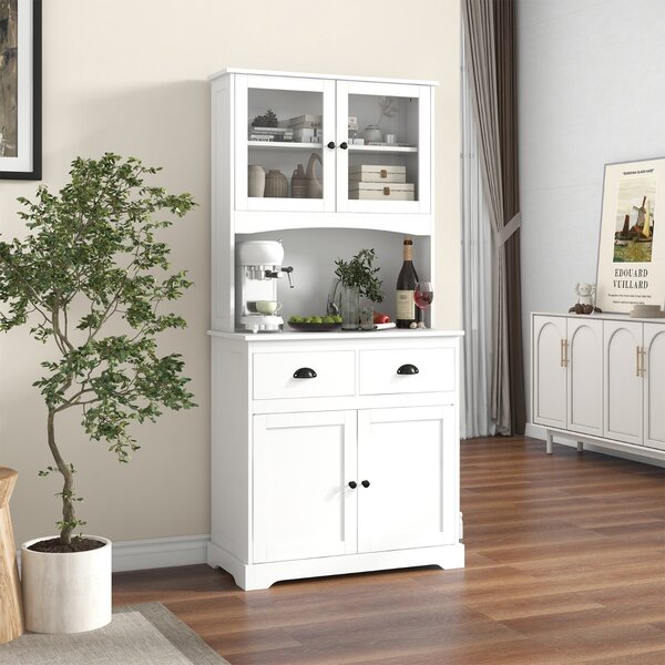 Costway Buffet da cucina da 170cm con mobiletto 4 ante con vetrine in vetro temperato e 3 ripiani regolabili, Credenza autoportante Bianco