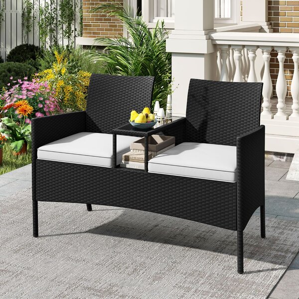Costway Divano da esterno con tavolino integrato, Mobile in rattan per 2 persone con cuscini e piano in vetro temperato Bianco
