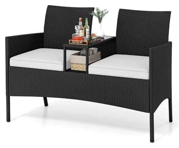 Costway Divano da esterno con tavolino integrato, Mobile in rattan per 2 persone con cuscini e piano in vetro temperato Bianco