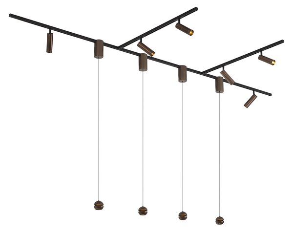 Sistema di illuminazione a binario moderno con 6 faretti e 4 luci a sospensione Easylift bronzo scuro monofase - Slimline Uzzy Tira