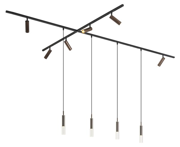 Sistema di illuminazione a binario moderno nero con 6 faretti e 4 luci a sospensione bronzo scuro 1 fase - Slimline Uzzy Loyce