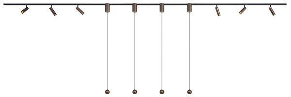 Sistema di illuminazione a binario moderno con 6 faretti e 4 luci a sospensione Easylift bronzo scuro monofase - Slimline Uzzy Tira