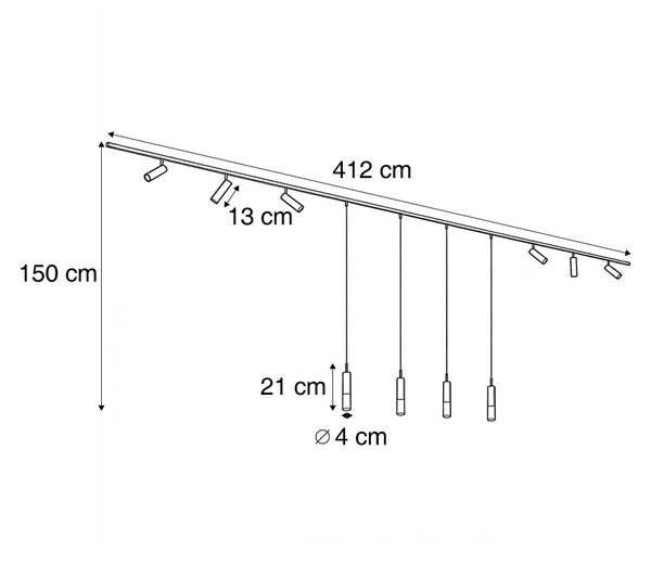 Sistema di illuminazione a binario moderno nero con 6 faretti e 4 luci a sospensione bronzo scuro 1 fase - Slimline Uzzy Loyce