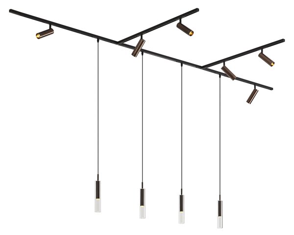 Sistema di illuminazione a binario moderno nero con 6 faretti e 4 luci a sospensione bronzo scuro 1 fase - Slimline Uzzy Loyce
