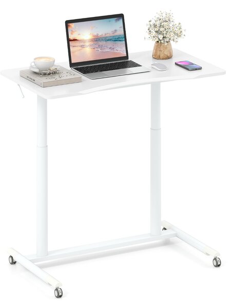 Costway Tavolo portatile per laptop con ruote bloccabili e struttura in metallo per spazi ridotti, Scrivania mobile regolabile in altezza a forma di C Bianco