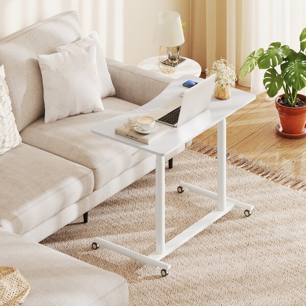 Costway Tavolo portatile per laptop con ruote bloccabili e struttura in metallo per spazi ridotti, Scrivania mobile regolabile in altezza a forma di C Bianco