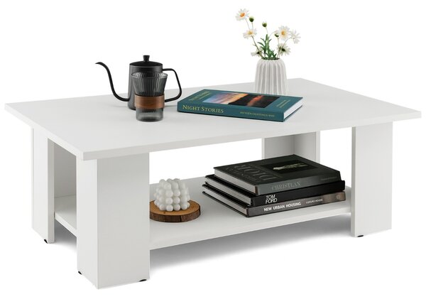 Costway Tavolo da tè rettangolare in legno a 2 livelli, Tavolino da caffè moderno con ripiano aperto Bianco