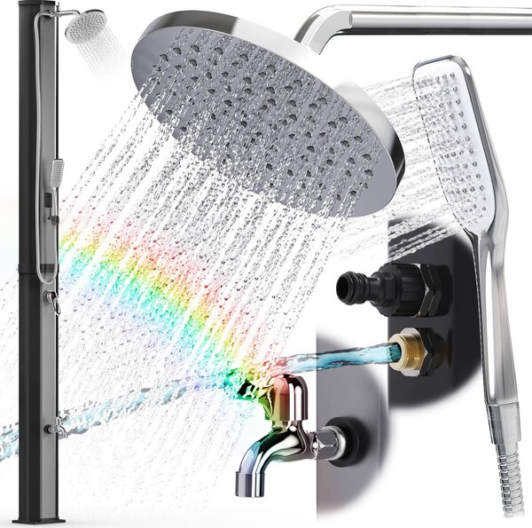 Doccia da giardino 35 litri doccia solare da giardino con doccetta doccia a pedale doccia esterna sauna nero V2A / 304 acciaio inox argento