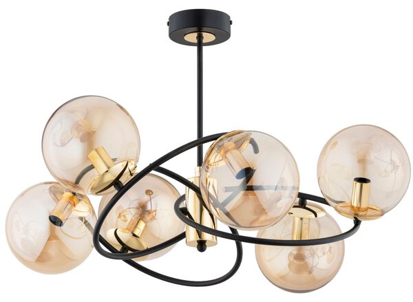 Lampadario WIROMAT nero-oro-ambra 6xE14x10W in vetro, dimensioni: 40x66x66 cm, IP20, Alfa