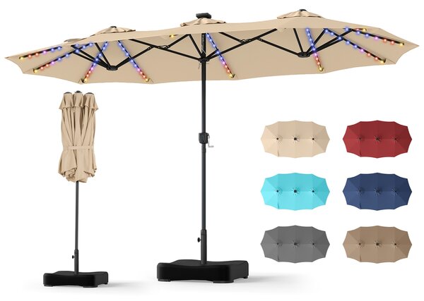 Costway Ombrellone doppio da giardino con luci regolabili manovella base, Ombrellone ampio doppio protezione solare resistente Beige
