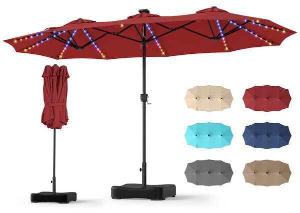 Costway Ombrellone doppio da giardino con luci regolabili manovella base, Ombrellone ampio doppio protezione solare resistente Rosso