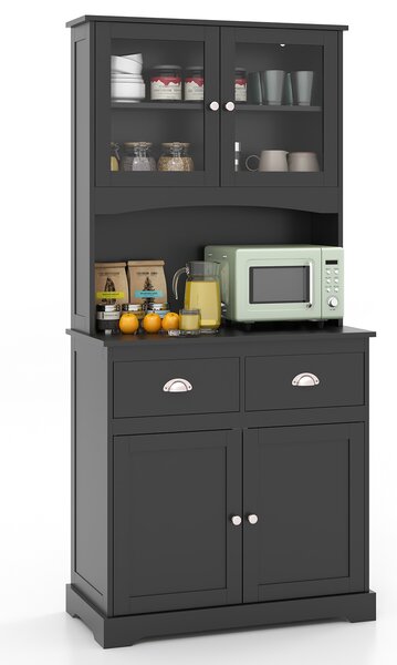 Costway Buffet da cucina da 170cm con mobiletto 4 ante con vetrine in vetro temperato e 3 ripiani regolabili, Credenza autoportante Nero