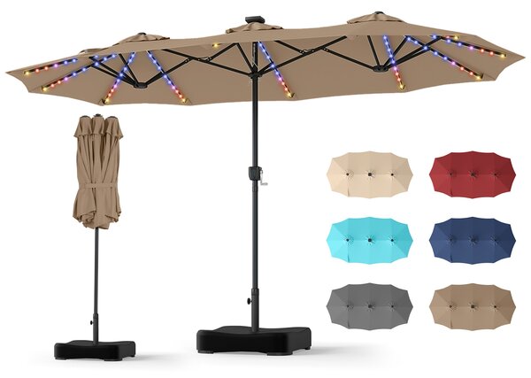 Costway Ombrellone doppio da giardino con luci regolabili manovella base, Ombrellone ampio doppio protezione solare resistente Marrone