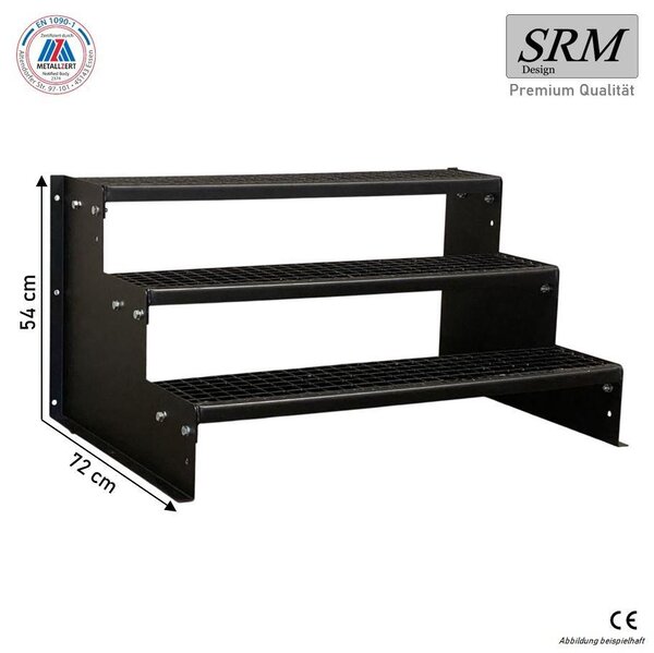 Scala a tre gradini, modello 2, completamente nera, larghezza 140 cm, altezza 54 cm, senza ringhiera