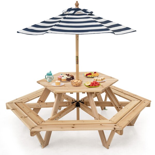 Costway Tavolo da picnic esagonale massello 6 panche ombrellone regolabile, Tavolino per bambini 3-8 giardino balcone cameretta