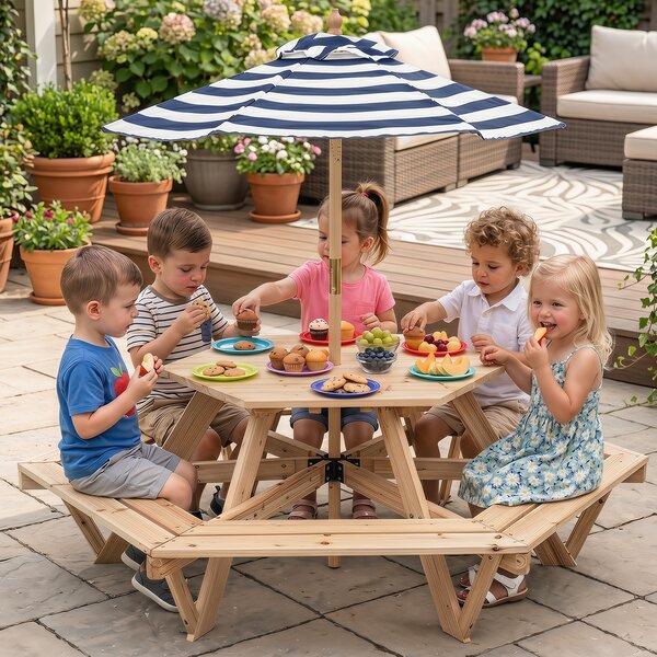 Costway Tavolo da picnic esagonale massello 6 panche ombrellone regolabile, Tavolino per bambini 3-8 giardino balcone cameretta