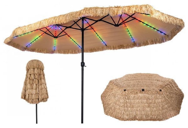 Costway Ombrellone di paglia con 12 stecche palo in metallo luci led e manovella, Ombrellone da giardino 450 x 270 cm Marrone