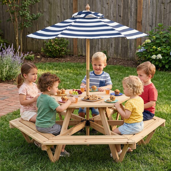 Costway Tavolo da picnic esagonale massello 6 panche ombrellone regolabile, Tavolino per bambini 3-8 giardino balcone cameretta