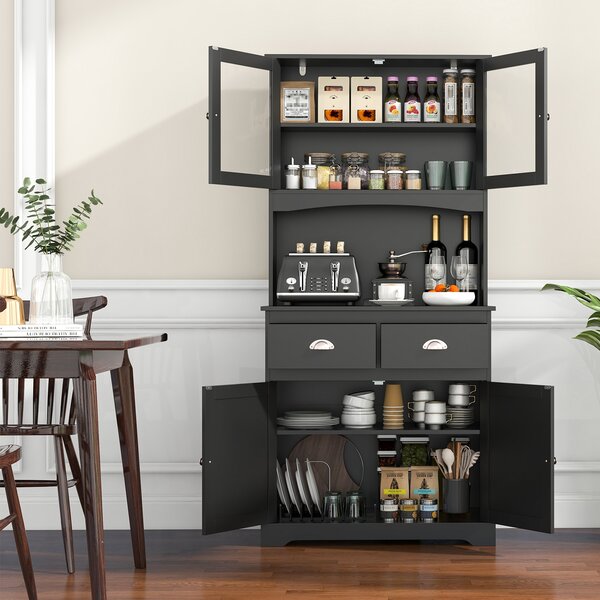 Costway Buffet da cucina da 170cm con mobiletto 4 ante con vetrine in vetro temperato e 3 ripiani regolabili, Credenza autoportante Nero