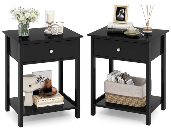 Costway Set di 2 comodino in legno con cassetto e scaffale aperto, Tavolino compatto per soggiorno con spazio di archiviazione Nero