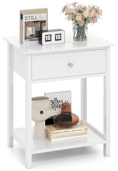 Costway Comodino in legno con cassetto e scaffale aperto, Tavolino compatto per soggiorno con spazio di archiviazione Bianco