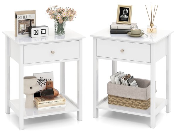 Costway Set di 2 comodino in legno con cassetto e scaffale aperto, Tavolino compatto per soggiorno con spazio di archiviazione Bianco