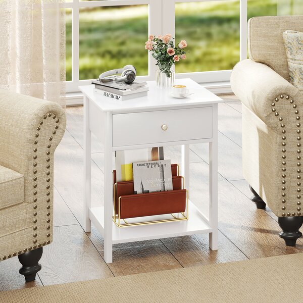 Costway Set di 2 comodino in legno con cassetto e scaffale aperto, Tavolino compatto per soggiorno con spazio di archiviazione Bianco