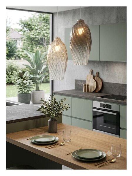 TIDE SOSPENSIONE SINGOLA D18 CM CON DIFFUSORE DI VETRO RIGATO AMBRA E BRONZO LAMPADINA ATTACCO E27 MODERNA