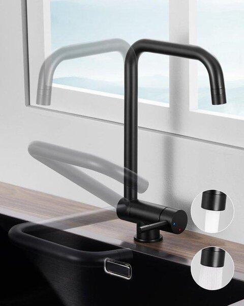 Rubinetto da cucina nero, orientabile a 360°, acciaio inossidabile, 2 tipi di getto