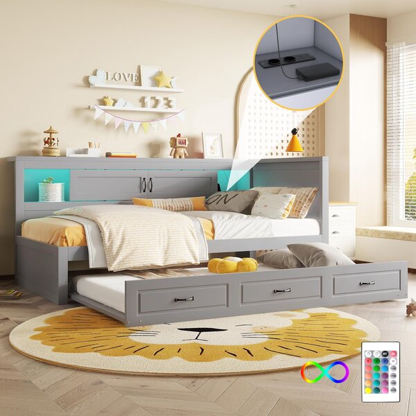 Divano letto 90x200 cm con letto supplementare estraibile 90x190 cm, illuminazione d'ambiente a LED, presa di corrente e porta USB, vano contenitore laterale, senza materasso