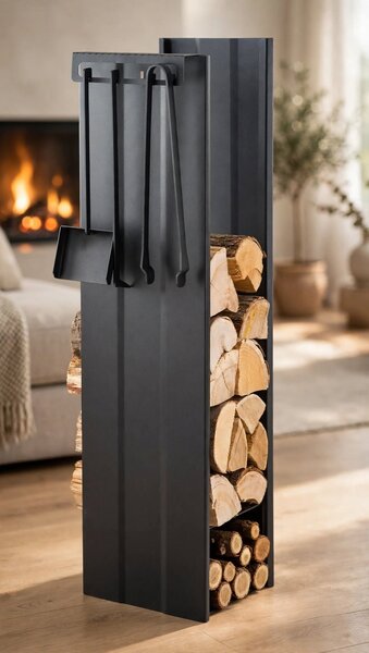 Portalegna con Attrezzi Camino 30x33x110 cm Crea Semplice Con Attrezzi in Acciaio Verniciato Nero
