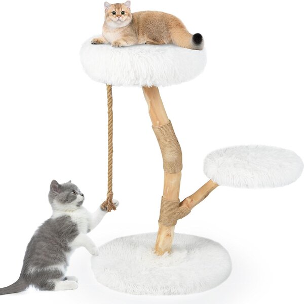 GOPLUS tiragraffi in legno, albero per gatti da 90 cm con tiragraffi in iuta, sedili in peluche, piattaforma per saltare e corda, albero da arrampicata per gattini (bianco)