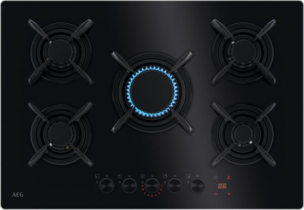 Aeg Piano Cottura 5 Fuochi a Gas Larghezza 74 cm in Vetro colore Nero - HKB75453NB Serie 8000 Flamelight