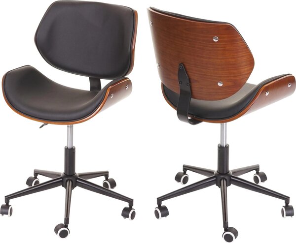 Sedia da ufficio HWC-G25, sedia girevole da scrivania, bentwood in noce look retro girevole regolabile in altezza MVG ~ nero-marrone