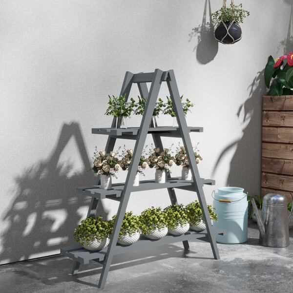 Outsunny Portapiante Verticale 3 Livelli a Doghe, in Legno di Abete, 100x36x112 cm, Grigio|Aosom