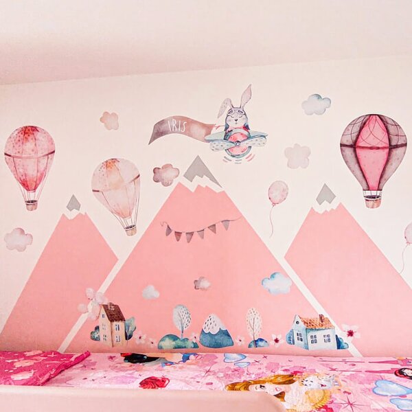 Adesivi Mongolfiere rosa con il nome del bambino