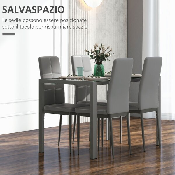 HOMCOM Set 5 Pezzi Tavolo e Sedie da Cucina in Similpelle, Metallo e Vetro Temperato, Sedie Tavolo da Pranzo Moderne, Grigio | Aosom Italy