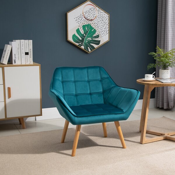 HOMCOM Poltroncina dal Design Scandinavo in Legno e Velluto Color Petrolio, per Soggiorno o Ufficio, 64x62x72.5cm|Aosom