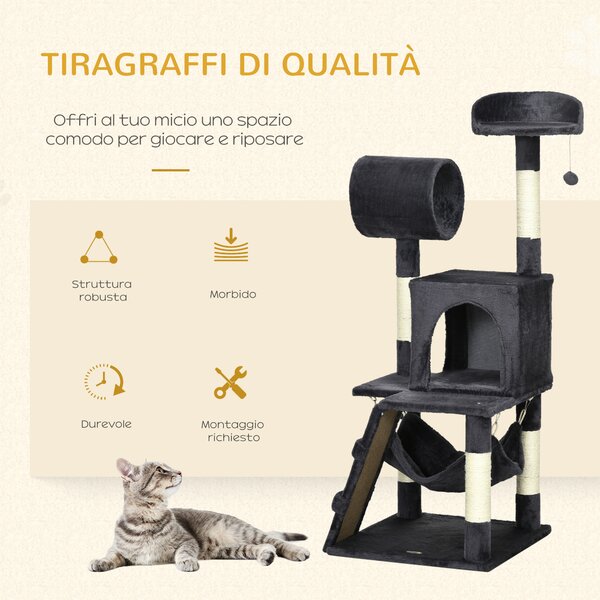 PawHut Albero per Gatti in Truciolato, Peluche e Sisal con Tiragraffi per Gatti, Casetta, Amaca, Letto, Tunnel e Pallina, 48x48 x125 cm, Grigio|Aosom