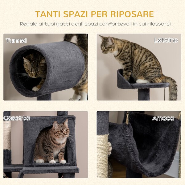 PawHut Albero per Gatti in Truciolato, Peluche e Sisal con Tiragraffi per Gatti, Casetta, Amaca, Letto, Tunnel e Pallina, 48x48 x125 cm, Grigio|Aosom