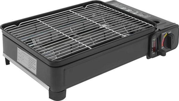 Griglia a gas portatile per campeggio - Piano cottura a gas da tavolo - Potenza: 2,2 kW - Combustibile: butano e GPL - Accensione piezoelettrica - Protezione contro la sovrapressione - Valigetta per il trasporto - Colore: nero
