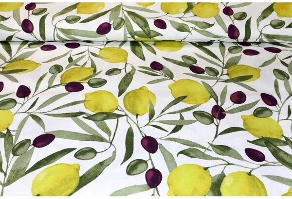 Tessuto al metro - tela cotone tovagliata - Olive e limoni, alt. 140 cm